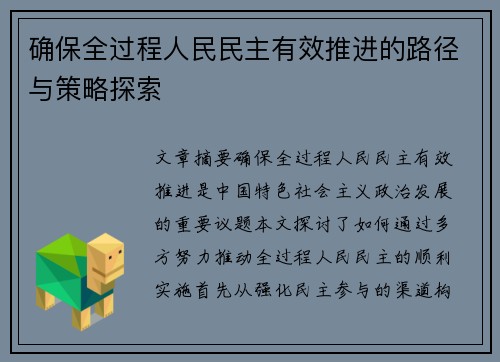 确保全过程人民民主有效推进的路径与策略探索